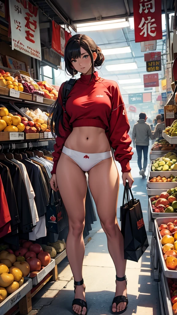 A young woman is shopping in the market. She is wearing red underwear. Her hips are big. The market is crowded. It is evening and it is sunny.