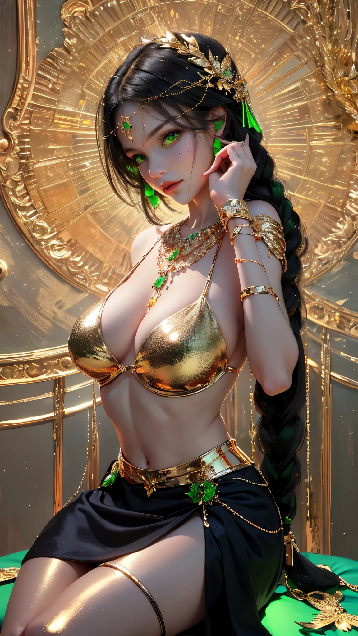 1 beautiful young princess, ((The beautiful princess is no longer a :1.8)), ((Wearing black Hanfu-style armor with gold edges:1.6)), (((Beautiful pattern on the skirt:1.6))), ((Braided hair,配黑色Long bangs: 1.6)), ((Long bangs:1.6)), ((Hair accessories:1.9)), ((Gold jewelry on the upper body:1.9)), ((Very delicate gold necklace:1.7)), ((earrings with emeralds:0.8)), noble, noble style of an extremely beautiful girl, Super cute little face, Very beautiful face, Fine eyebrows, Flawless beautiful face, ((Black pupils: 0.8)), Very beautiful eyes, ((Green eyes: 1.6)), Beautiful makeup and exquisite hairstyle, eyelash, Moist eye makeup, high nose, earrings, Red lips, ((Shut up: 1;5 )) Beautiful lips, Delicate hands, ((Stretch your arms to the sides: 1.7)), ruddy face, cleanface, Flawless beautiful face, Light滑白皙的皮肤, Firm breasts, Beautiful cleavage, ((Super big round breasts: 1.6)), Beautiful breasts, Perfect body, ((sit down,Stand up straight, The arm is behind you:1.6)), 8k Photo, super high quality, Super realistic, 10 times more pixels, Light学的, Bright studio, Bright Edge, two-tone Lighting, (High Detail Skin:1.2), Super 8K, soft Lighting , high quality, volumetric Light, Light学的, Light学的 high resolution, Light, Best photos, 4K, 8K picture quality, Blur effect, Light滑锋利, 10 x Pixel, ((Beach background at night:1.5)), 极Light, Lightning, Super realistic graphics, The most realistic graphics, Solitary, Solitary, Extremely sharp, Surreal imagery, (((Frontal image: 1.3)))."