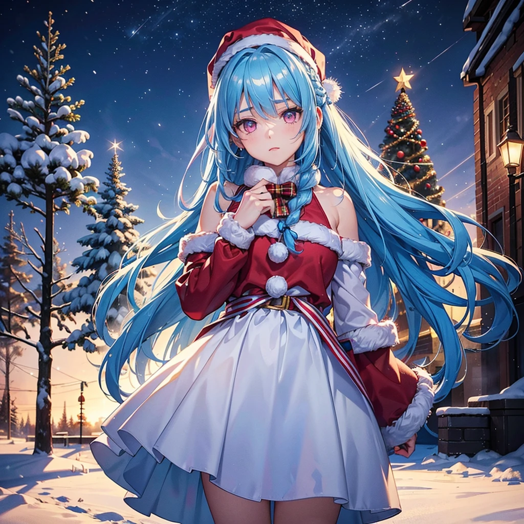 (Sky Blue Hair),(Braided Hair),(Pink Eyes),(Fair Skin),(Full Body),(Alone),(Santa Claus Clothes),(Giant Christmas Tree in the Background),(Snowy Night),Sparkling Night Sky,(Masterpiece, Top Quality, Very Detailed, Best Shadows),(Detailed Background),(Beautifully Detailed Face),High Contrast,(Best Lighting, Very Delicate and Beautiful),((Cinematic Light)),Hyper Detail,8k,Dramatic Light,Exquisite Detail,