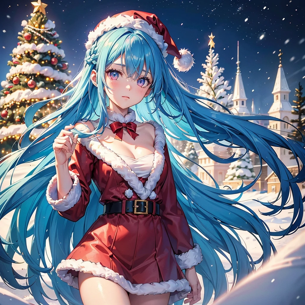 (Sky Blue Hair),(Braided Hair),(Pink Eyes),(Fair Skin),(Full Body),(Alone),(Santa Claus Clothes),(Giant Christmas Tree in the Background),(Snowy Night),Sparkling Night Sky,(Masterpiece, Top Quality, Very Detailed, Best Shadows),(Detailed Background),(Beautifully Detailed Face),High Contrast,(Best Lighting, Very Delicate and Beautiful),((Cinematic Light)),Hyper Detail,8k,Dramatic Light,Exquisite Detail,