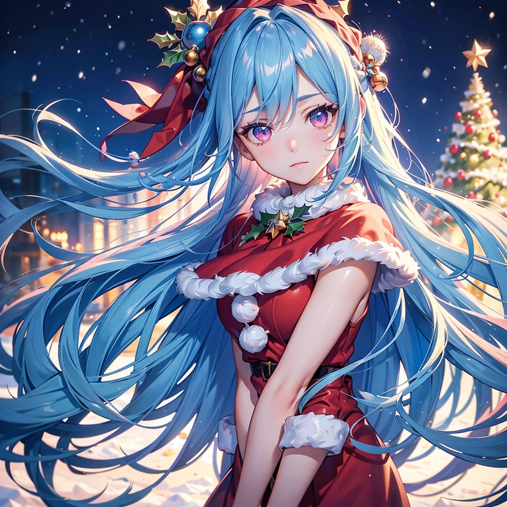 (Sky Blue Hair),(Braided Hair),(Pink Eyes),(Fair Skin),(Full Body),(Alone),(Santa Claus Clothes),(Giant Christmas Tree in the Background),(Snowy Night),Sparkling Night Sky,(Masterpiece, Top Quality, Very Detailed, Best Shadows),(Detailed Background),(Beautifully Detailed Face),High Contrast,(Best Lighting, Very Delicate and Beautiful),((Cinematic Light)),Hyper Detail,8k,Dramatic Light,Exquisite Detail,