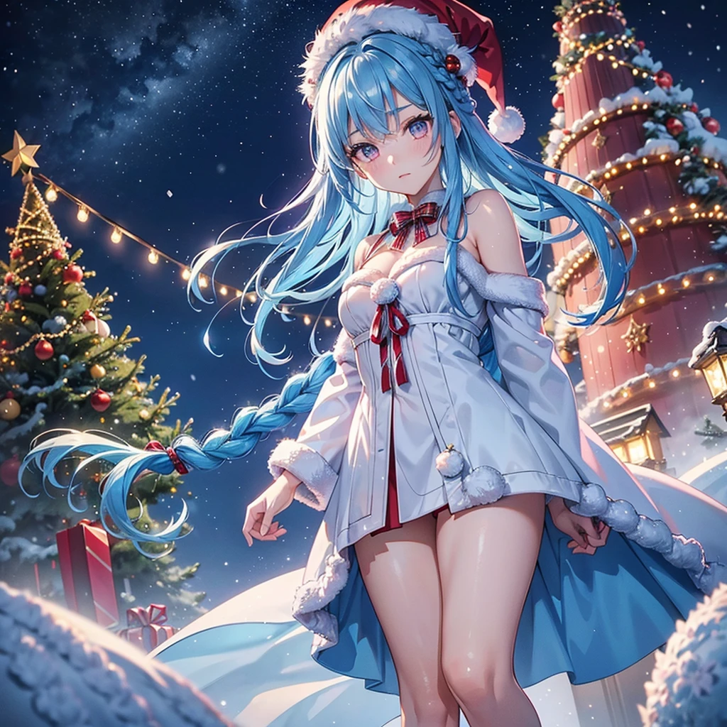 (Sky Blue Hair),(Braided Hair),(Pink Eyes),(Fair Skin),(Full Body),(Alone),(Santa Claus Clothes),(Giant Christmas Tree in the Background),(Snowy Night),Sparkling Night Sky,(Masterpiece, Top Quality, Very Detailed, Best Shadows),(Detailed Background),(Beautifully Detailed Face),High Contrast,(Best Lighting, Very Delicate and Beautiful),((Cinematic Light)),Hyper Detail,8k,Dramatic Light,Exquisite Detail,