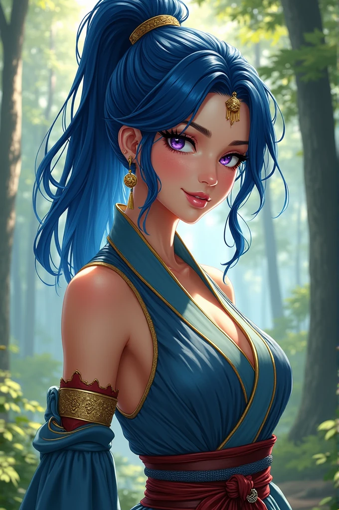 {{{masterpiece}}}, {{{Best Quality}}}, {{ultra detailed}}, {cinematic lighting}, {illustration}, {Beautifully detailed eyes}, {1 girl}, extremely detailed, 1 girl, Alone, flirtatious pose, A beautiful shinobi guerrero, blue hair in a long ponytail, He wore gold and blue clothes, guerrero, playful smile, purple eyes, huge breasts, neckline, hourglass figure, in front of the viewer, outdoor, forest background, Highly detailed face and clothing, slightly narrow eyes, perfect face, White skin, Bangs Hair, by the wide, cowboy shot, noble beautiful, traditional japanese clothing, shinobi woman, Dynamic camera angel