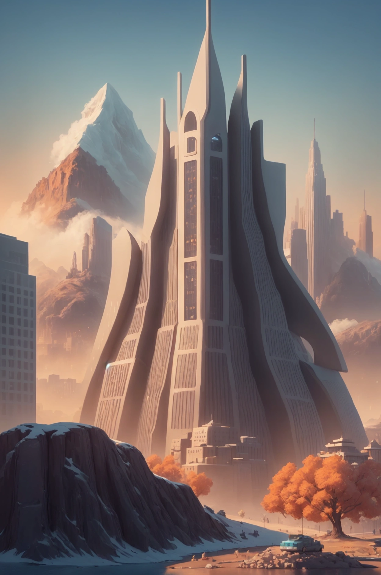 There is a digital city picture,Stylized digital illustration, city building, Surreal cityscape background, Business Illustration, Matte digital illustration, Digital illustration style, Incorporating environmental themes,Illustrations, Digital Illustrations -, City background, A mountain and a golden sculpture of a deer,digital graffiti landscape, A beautiful artistic illustration, Detailed digital illustrations, environment design illustration ((best quality)), ((Intricate details))(8k)