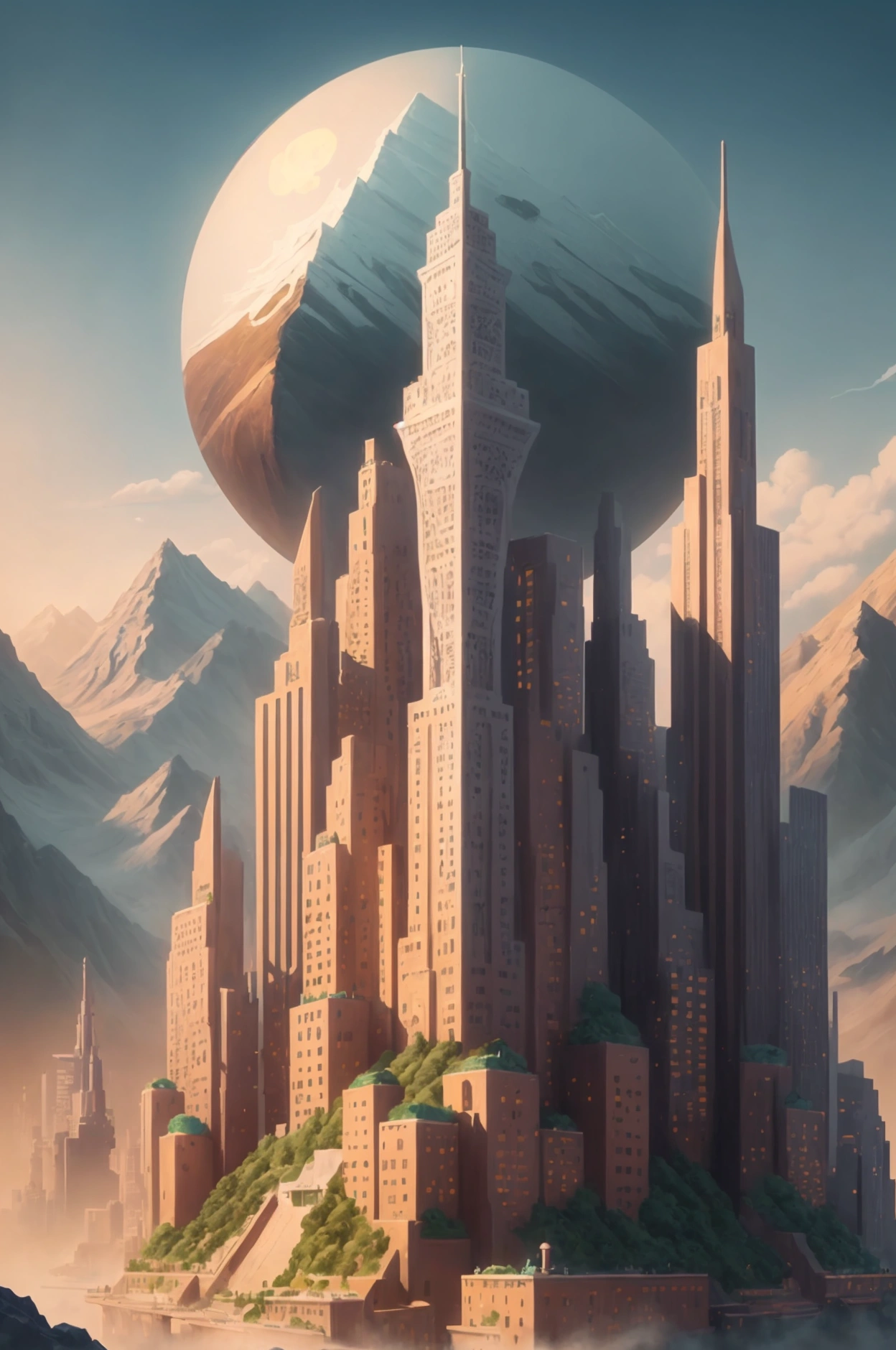 There is a digital city picture,Stylized digital illustration, city building, Surreal cityscape background, Business Illustration, Matte digital illustration, Digital illustration style, Incorporating environmental themes,Illustrations, Digital Illustrations -, City background, A mountain and a golden sculpture of a deer,digital graffiti landscape, A beautiful artistic illustration, Detailed digital illustrations, environment design illustration ((best quality)), ((Intricate details))(8k)
