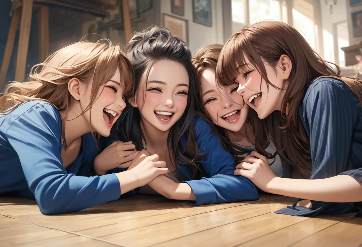 three women together on floor laughing and smiling in black and blue clothing, smile, brown hair, multiple girls, grin, realistic, open mouth