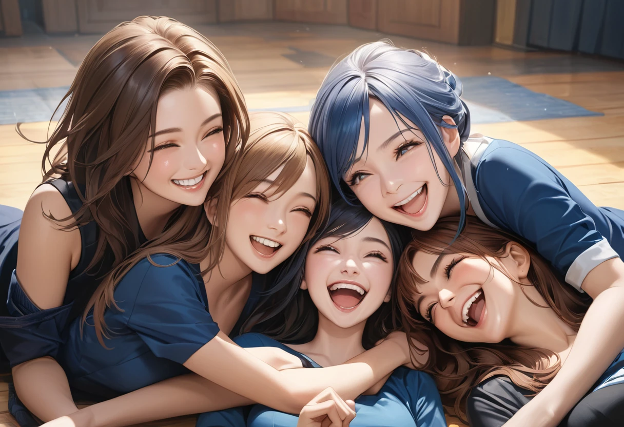 three women together on floor laughing and smiling in black and blue clothing, smile, brown hair, multiple girls, grin, realistic, open mouth