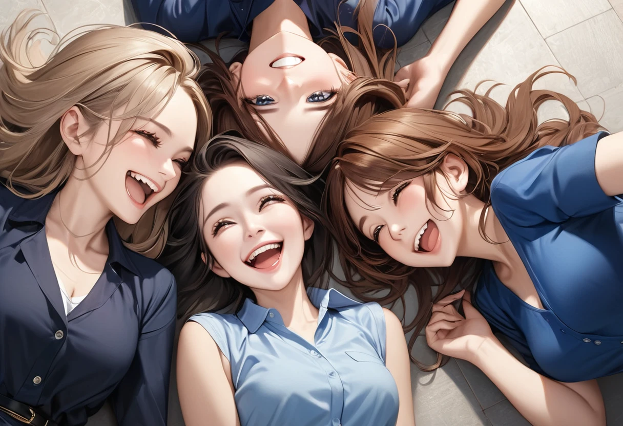 three women together on floor laughing and smiling in black and blue clothing, smile, brown hair, multiple girls, grin, realistic, open mouth