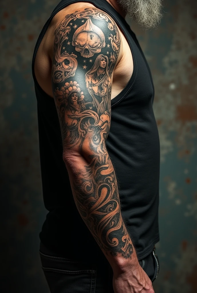 Arm sleeve tattoo representing life and death