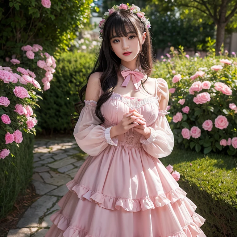 Bow tie at the back of the waist, There is a bow on the back,Sideways photo, Skirt length to calf, cupcake dress, Layered skirt with lace on each layer, Put on a lolita dress, layered dress, Pink Lolita dress, lots of lace, Long sleeve, Wide sleeves, Big Skirt, Layered lace skirt, Puff sleeves, Wide sleeves, Transparent sleeves, intricate details showcase the ruffles and intricate designs of the Lolita dress, Wearing a lolita dress, in a sea of flowers, best quality, Delicate face,beautiful visual work, lifelike, eternity, black hair, Long curly hair, blunt bangs, Smile, Detailed Background, Delicate face,blush,cold,((masterpiece))、(top quality)、8k、high detail、Super detailed,41 years old,woman, masterpiece、born、Scenes resembling fairy tale illustrations、intricate details和複雜的設計、Beautifully、magic、capricious、 Beautifully、Dream aesthetics、「𝓡𝓸𝓶𝓪𝓷𝓽𝓲𝓬、ethereal、charming、fickle、magic」、realism、Visual effects、FXAA、SSAO、Shader、voiceless、ambient lighting、Tone mapping、High resolution、Ultra high quality、Million pixels、(8K resolution:1.10)、8k、8k以下、8K resolution、high detail、intricate details, (high quality:1.2、masterpiece:1.2、:1.21)、(41 years old,woman:1.21)、(興奮地Smile)、(Surrounded by a dreamy atmosphere、Model diagram,full-body shot,Normal 2 feet,Put your hands behind your back,Breast protrusion visible when wearing clothes, Large Breasts, H cup chest, pink clothes, Don't show your fingers, full-body shot, full-body shot,full-body shot,full-body shot,full-body shot,full-body shot,full-body shot,full-body shot,Hands hidden in clothes, Hands hidden in clothes,Hands hidden in clothes,Hands hidden in clothes,Hands hidden in clothes,Hands hidden in clothes,Hands hidden in clothes,Hands hidden in clothes,Hands hidden in clothes, ,Hide your hands in your sleeves ,Hide your hands in your sleeves ,Hide your hands in your sleeves ,Hide your hands in your sleeves ,Hide your hands in your sleeves ,Hide your hands in your sleeves ,Hide your hands in your sleeves ,Hide your hands in your sleeves, Put your arms behind your back, Put your arms behind your back,
