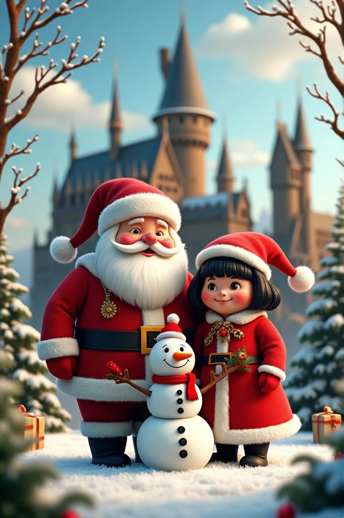 Santa Claus with his chubby wife black hair, Snowman, slytherin, hogwarts 