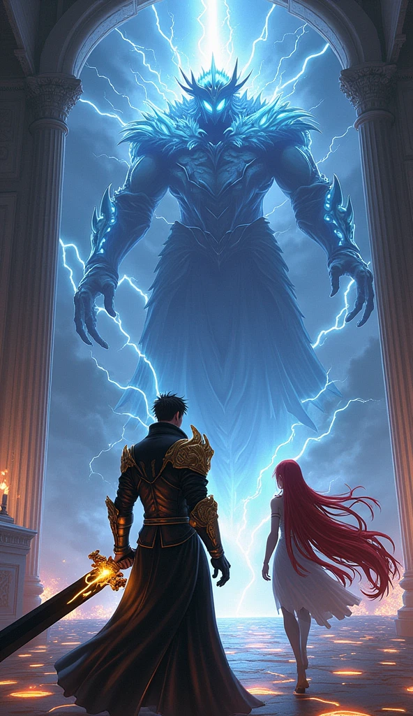 In the heart of the Storm Kingdom’s throne room, a fierce battle unfolds as Voltex and Seraphina face off against the towering Lightning Demon. The room is alive with crackling energy, every corner illuminated by the bright flashes of lightning.
Voltex, his long black coat swirling around him, stands firm in the face of the demon’s attack. His black armor, gleaming with a dark, almost ominous sheen, absorbs the massive bolt of lightning aimed directly at him. The lightning crackles and dances around his armor, but he remains unscathed, his calm and intense expression never wavering. The power of his armor holds strong, grounding the lethal energy and preventing it from reaching him. His dark sword is poised, ready to strike when the moment is right, its blade pulsing with the golden energy of his "Shadow Eclipse" technique.
Beside him, Seraphina channels her magic with focused intensity. Her long red hair flows around her like a fiery halo, contrasting against the electric blue and white flashes of the demon’s power. With a graceful yet commanding gesture, she summons the Wind Spirit. The air around her swirls with ethereal energy as the spirit manifests, its form an elegant yet powerful vortex of wind. The spirit obeys her command, whipping around the demon in a fierce gale, its winds strong enough to momentarily hold back the demon’s movements.
The Lightning Demon, though powerful, finds itself momentarily contained by the winds, its crackling form straining against the magical forces holding it at bay. The scene captures a moment of intense conflict and strategy, as Voltex and Seraphina combine their unique powers to stand against the overwhelming force of the demon. The room is filled with the clash of elemental forces—lightning and wind—each battling for dominance in this high-stakes confrontation.