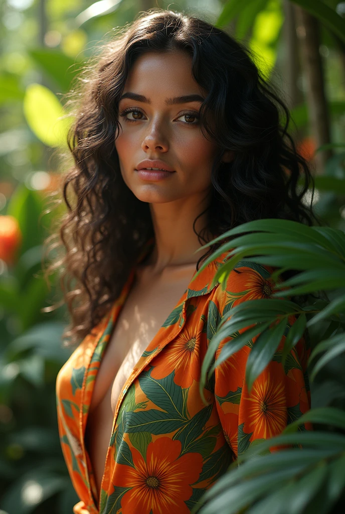 A Brazilian woman in a lush tropical garden, wearing an open shirt with a floral print, with a close-up capturing the harmonious beauty between her and the natural flowers, showing off your natural charm and outgoing personality.