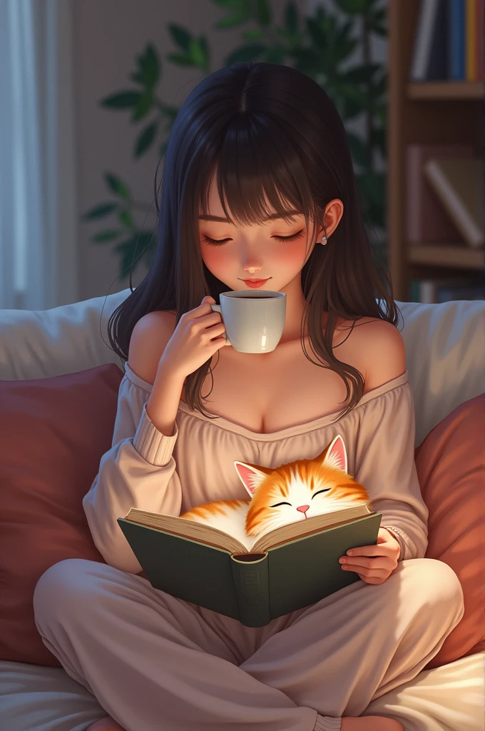 Cat sleeping on the lap of a girl weaing offf shoulder top and pajamas while the girl reading a book and has a cup of coffee in her hands