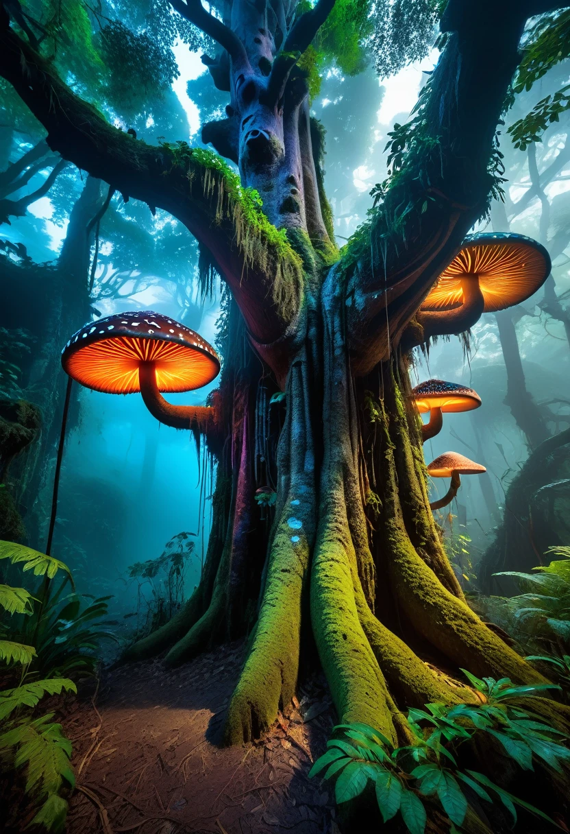 A high-resolution brightly lit photorealistic photograph of an ancient rain forest with criptic symbols of tribals and alienish paterns on the tree trunks glowing in uv colours magical mushrooms growing by the tree trunk  smog and misty fog in the atmosphere broken ruins of ancient goddess skulptor glowing in uv colours  The photograph is styled like a high-end lifestle magazine. The photograph has a light bright happy feel. Use a high-resolution 16k camera with a 2:3 aspect ratio, a raw style, and a quality setting of 2 to capture this vibrant scene
. 32k, full ultra hd, high resolution, photorealistic, natural lighting, ultra realistic photo, high quality, HDR, high resolution, smooth and delicate skin, noble and elegant, ultra-realistic photography vibe, shot with Canon camera, intricate details, 32k --ar 16:9 --s 750 --v 6.1


