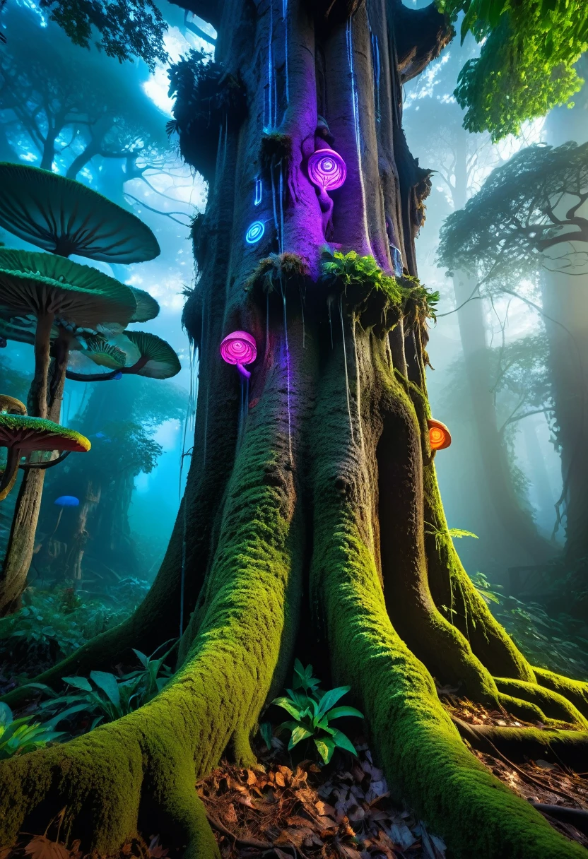 A high-resolution brightly lit photorealistic photograph of an ancient rain forest with criptic symbols of tribals and alienish paterns on the tree trunks glowing in uv colours magical mushrooms growing by the tree trunk  smog and misty fog in the atmosphere broken ruins of ancient goddess skulptor glowing in uv colours  The photograph is styled like a high-end lifestle magazine. The photograph has a light bright happy feel. Use a high-resolution 16k camera with a 2:3 aspect ratio, a raw style, and a quality setting of 2 to capture this vibrant scene
. 32k, full ultra hd, high resolution, photorealistic, natural lighting, ultra realistic photo, high quality, HDR, high resolution, smooth and delicate skin, noble and elegant, ultra-realistic photography vibe, shot with Canon camera, intricate details, 32k --ar 16:9 --s 750 --v 6.1

