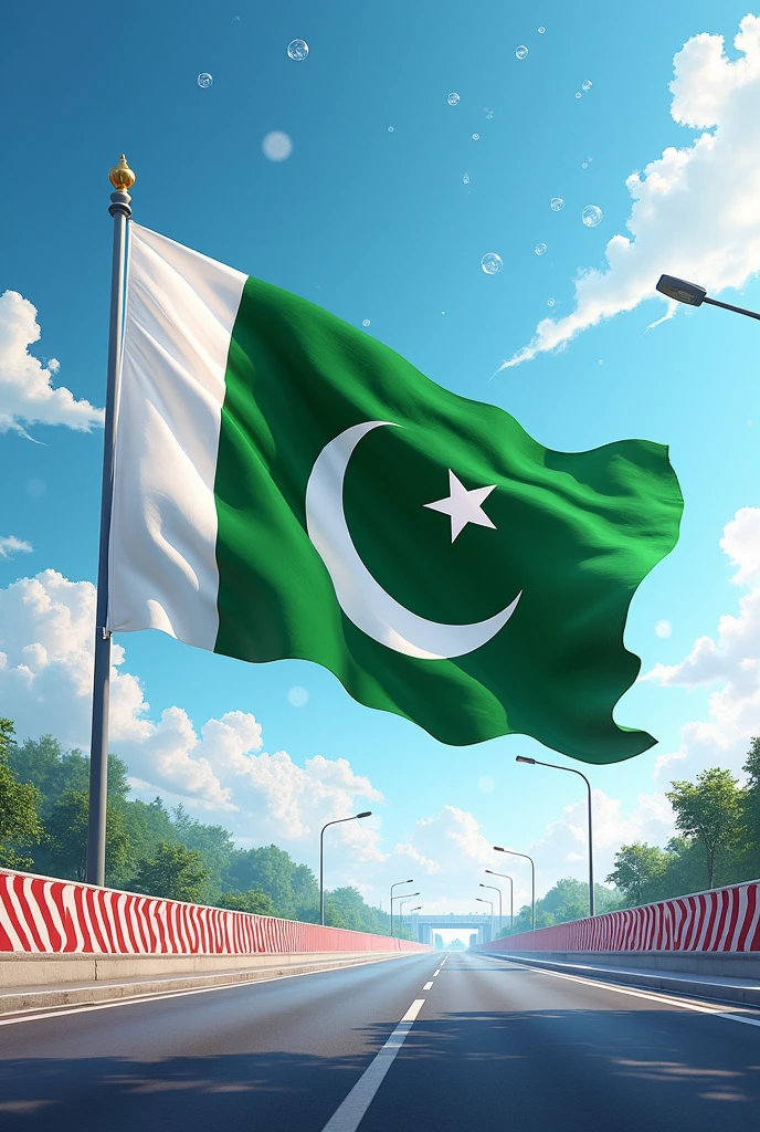 Pakistan flag, celebrating independence day,  Pakistan Flag in banner ,
with a road side banner,surf, bubbles, small packet banner of washing powder in royal blue and shoking pink color naming Bliss
