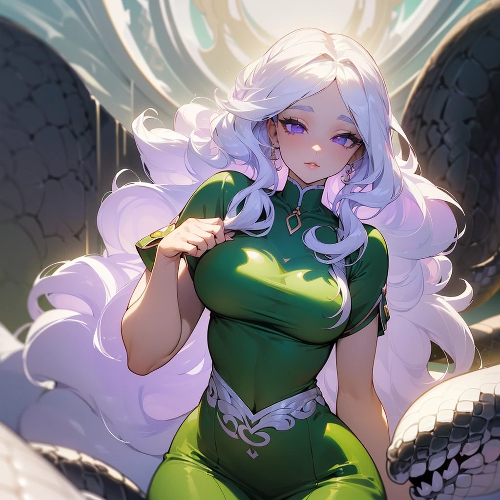 ((ultra quality)), ((masterpiece)), ((Angelic beauty woman)), ((long white curly hair)), ((White hair)), ((fluffy white hair)), ((curly hair)), (beautiful face), (beautiful thick lips), Enchanting ((Calm facial expression)), looks at the camera with a slight smile, (White skin color), (White skin), glow on the body, ((detailed eyes)), ((Next to a huge black snake)), ((violet eyes)), (juicy female lips), (dark eyeliner), (beautiful female hands), ((thick body)), ideal female body, ((green dress)), beautiful waist, beautiful big hips, big breasts, thick thighs, ((threatening and beautiful)) (), ((depth of field)), ((high quality clear image)), (delete details), ((High detail)), ((clear focus))