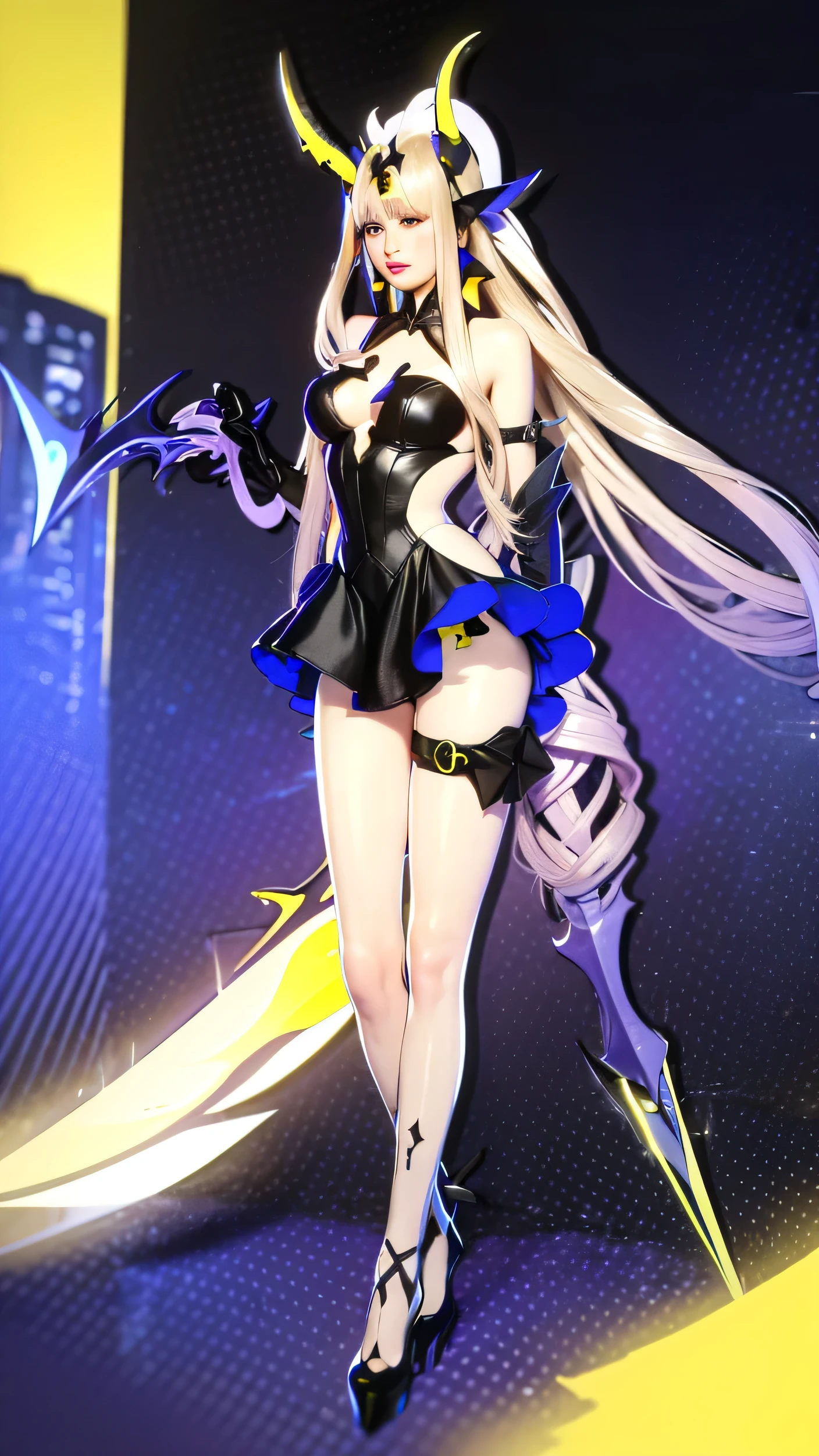 Airidimension, 1girl, solo, long hair, breasts, looking at viewer, bangs, blonde hair, gloves, dress, holding, cleavage, hair between eyes, bare shoulders, very long hair, closed mouth, yellow eyes, weapon, white hair, big breasts, horns, black gloves, elbow gloves, sword, holding weapon, white panties, black dress, clothing cutout, thigh strap, holding sword, arm behind back, , blunt bangs, armpits, makeup, realistic, thigh strap, standing, full body