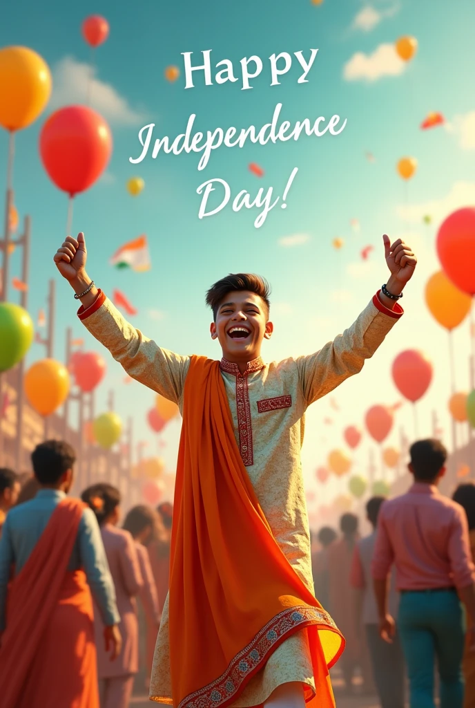 PROMPT 🇮🇳
Create a realistic image of a joyful 19
Year-old (BOY) celebrating Indian Independence Day. The person is dressed in vibrant, traditional Indian attire with the name MANISH” elegantly embroidered on their clothing. In the sky above, the phrase “Happy Independence Day” is boldly displayed in a bright, festive font. The background is alive with a crowd of people celebrating, waving flags, and releasing balloons, all contributing to the energetic and patriotic atmosphere of the occasion. The overall scene radiates happiness and national pride.