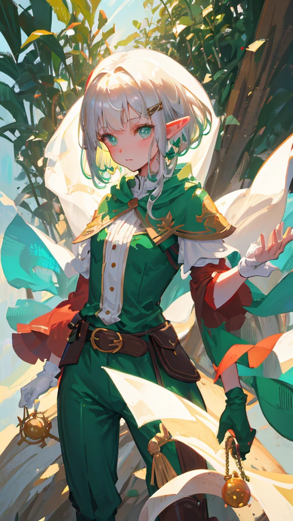 Elf, silver hair, medium hair, medium cut, brunette, curly hair, green eyes, slim, fair skin, white dress, green cloak, fingerless gloves, brown pants, belt, A cute boy. He has a sexy facial expression, her face is red, her lips are parted, the look in her eyes is sharp. İts not girl, he is MAN