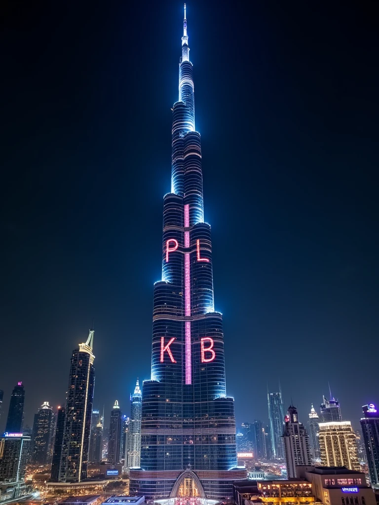 "PLMKB" displaying on Burj khalifa with lights at night