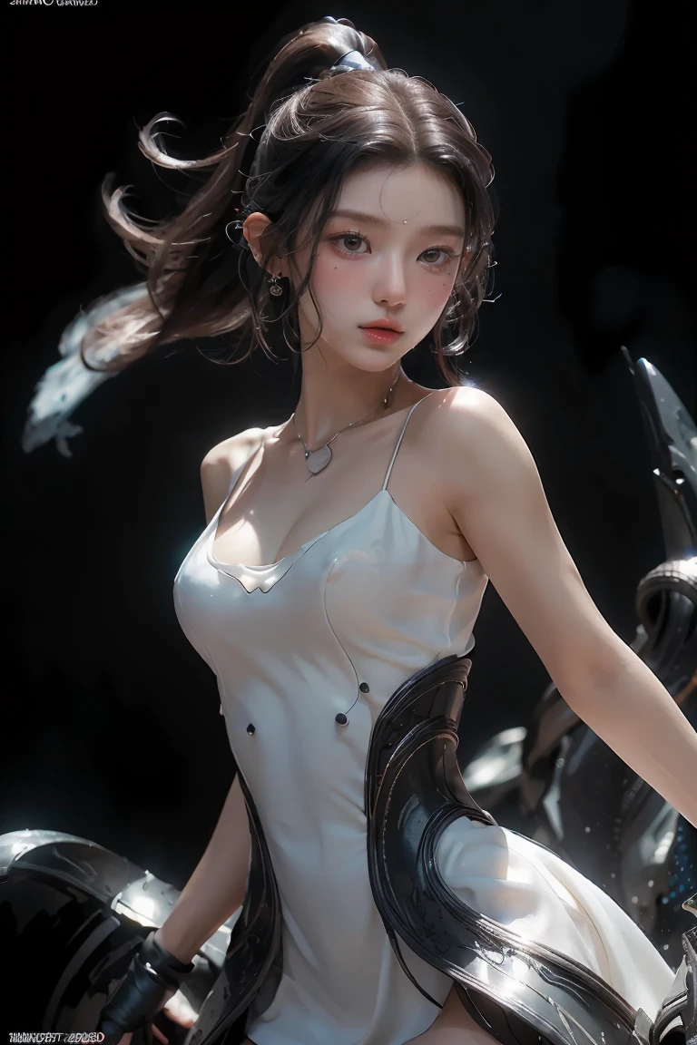 ((masterpiece, best quality)), ultra detailed 8k, photorealistic, sharp focus, highly detailed, professional lighting , shadowmancer, photo of a woman, ink particle, ((swirling black ink floating around)), futuristic fantasy, futuristic white dress, dynamic pose, realistic, masterpiece, intricate details, detailed background, depth of field,