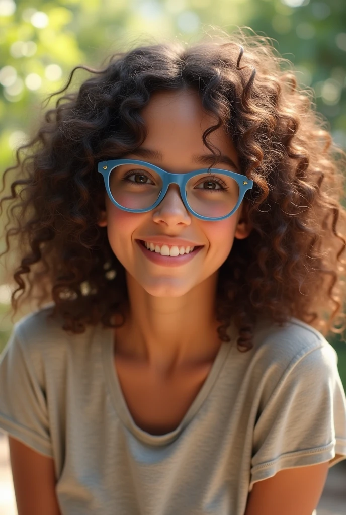 A curly girl who looks like me and wears light blue glasses
