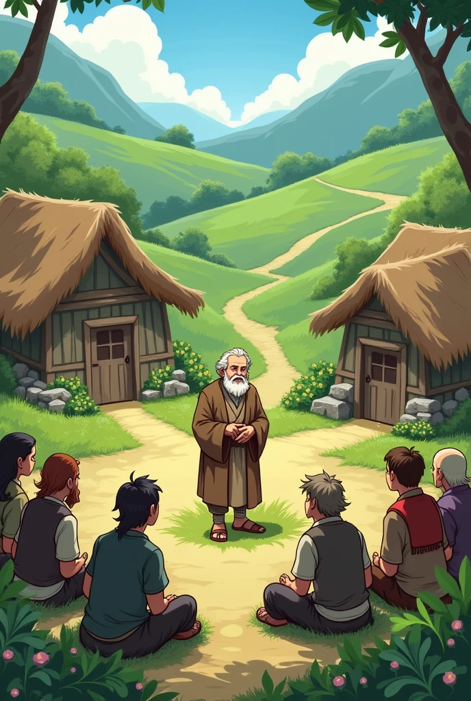 serene, rustic village with simple houses and lush green surroundings. In the center, an elderly man (दादा जी) stands with a calm demeanor, surrounded by curious villagers.
