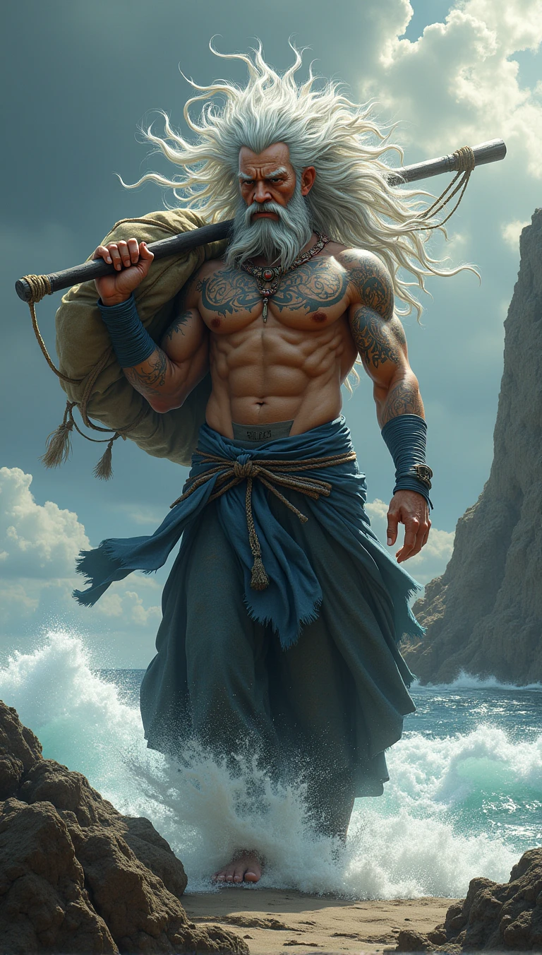 "Create an ultra-realistic, 8K resolution image of Fujin, the Japanese god of wind, in a vertical 9:16 aspect ratio. Fujin is depicted as a powerful, muscular figure with wild, silver hair flowing fiercely in the wind, symbolizing his command over the elements. He wears traditional, weathered clothing that flutters dynamically around him, accentuating the raw, elemental power he embodies. His body is adorned with ancient, intricate tattoos that highlight his divine nature, and he carries a large, weathered sack over his shoulder, from which the wind seems to be unleashed.

The setting is a rugged, coastal landscape with crashing waves below and a sky filled with stormy clouds, all swirling in response to Fujin's presence. His intense, focused expression captures the essence of his role as the master of the winds. The image should convey a sense of both awe and reverence, blending traditional Japanese iconography with a modern, dynamic portrayal of this powerful deity."