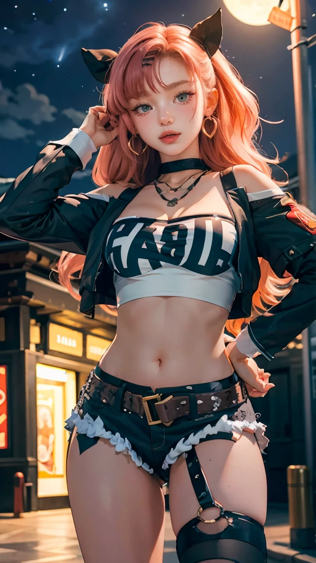 masterpiece, best quality, ultra-detailed, extremely detailed,illustration, 1girl, nicole demara, hair ribbon, hairclip, earrings, black collar, tube top, single thighhigh, short shorts, cropped jacket, belt, thigh strap, detached sleeves, doll, standing, hand on hip, cowboy shot, night street, moon 