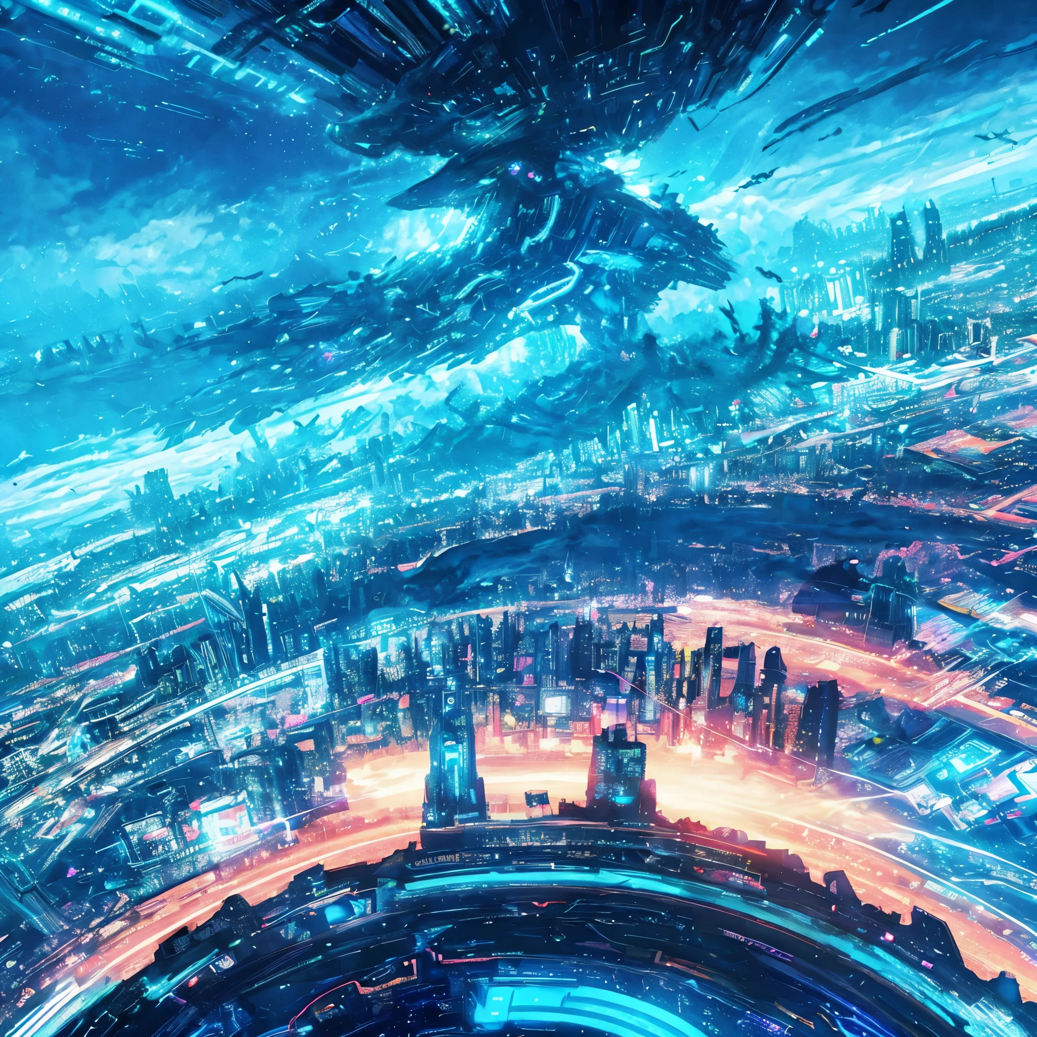 metropolitan、Future City、light up、Turquoise sky、Lots of clouds、Angle from above、Grassland seen through the clouds