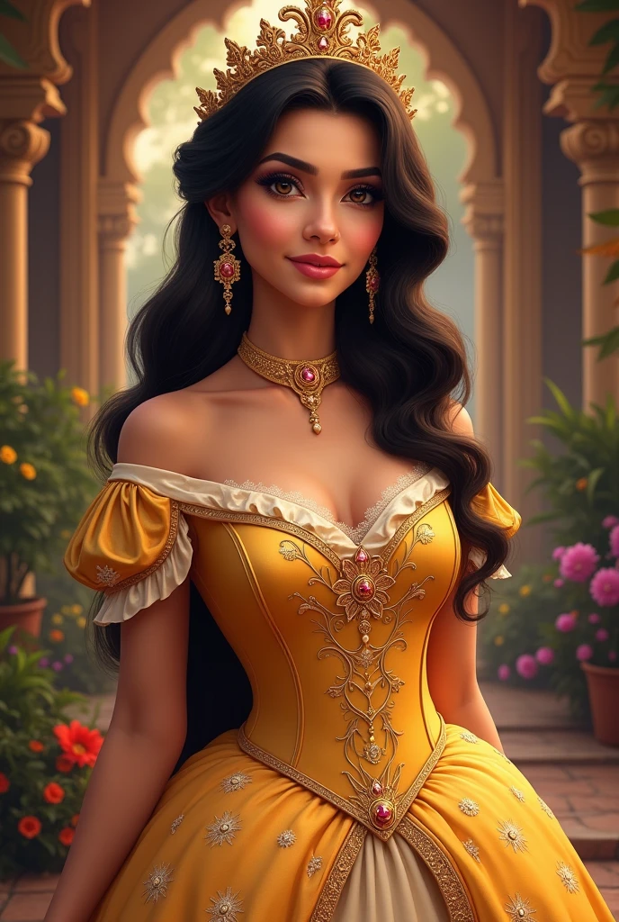 Eva Mendes, wearing bee costume, against the background of the garden of Versailles, character portrait, 3 9 9 0 s, long hair, intricate, elegant, highly detailed, digital painting, artstation, concept art, smooth, sharp focus, illustration, art by wlop, charlie bowater and alexandra fomina, 16k