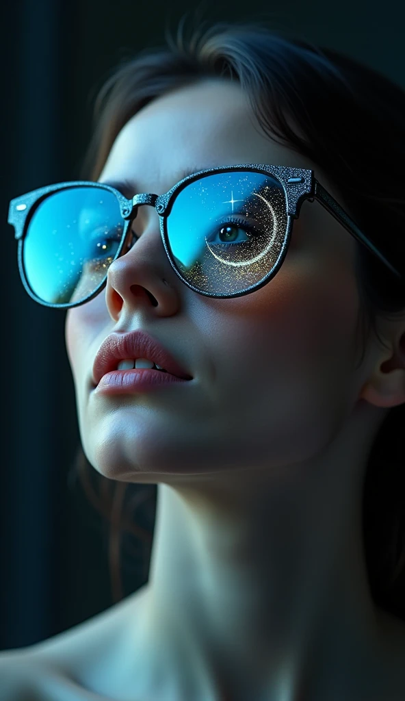 Model wearing glass sunglasses,There are stars and moon on the glass