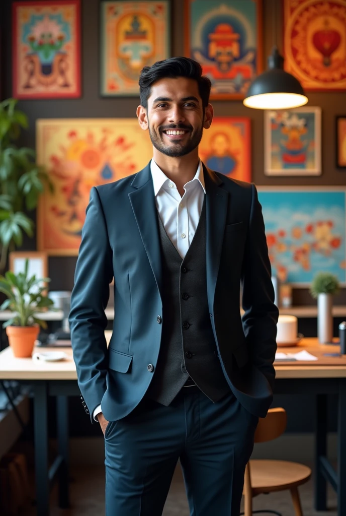 A vibrant and dynamic photo of a south asian young gentleman wearing a smart formal dress, standing in front of his bustling graphics design studio. The studio is filled with colorful artwork, modern equipment, and creative tools. The youngster exudes confidence and passion, with a little smile on his face. The background displays a blend of traditional and contemporary elements, showcasing the fusion of cultures and styles in his work.