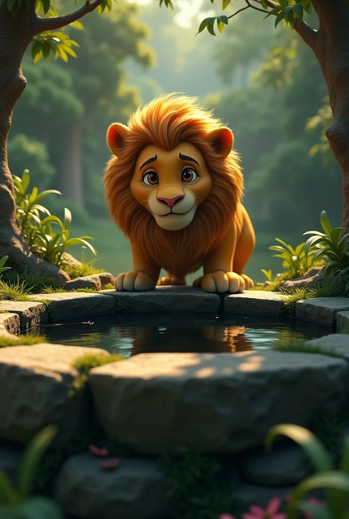 In 3d animation style real cinematic image " The lion peering into the dark well with curiosity and confusion, his reflection visible in the water.