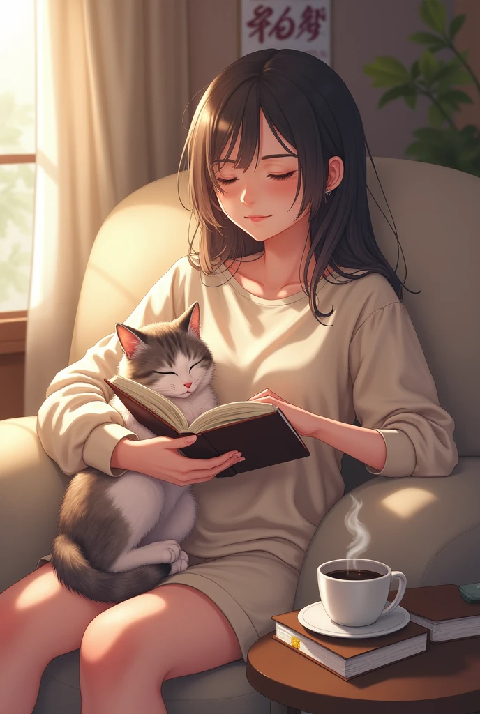 Cat sleeping on the lap of a girl wearing top and pajamas while the girl reading a book and has a cup of coffee in her hands