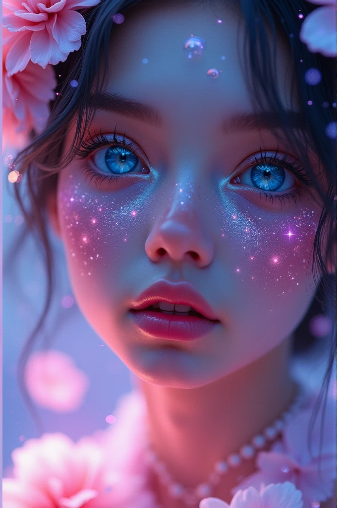 A hyper-realistic close-up portrait of a young woman with ethereal, glowing skin. She has large, expressive blue eyes that reflect a galaxy of stars and nebulas. Her face is adorned with luminescent, intricate floral patterns, and soft, translucent petals in shades of pink and violet surround her. The image should have a dreamy, magical atmosphere with vibrant neon lights, sparkles, and subtle reflections. The background is a blend of soft-focus light orbs and abstract colors, adding a sense of depth and mystery.
