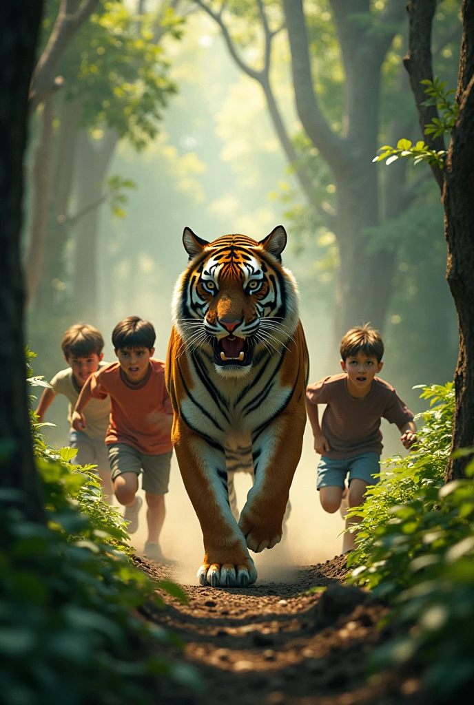 Six boys are being chased by a tiger.
