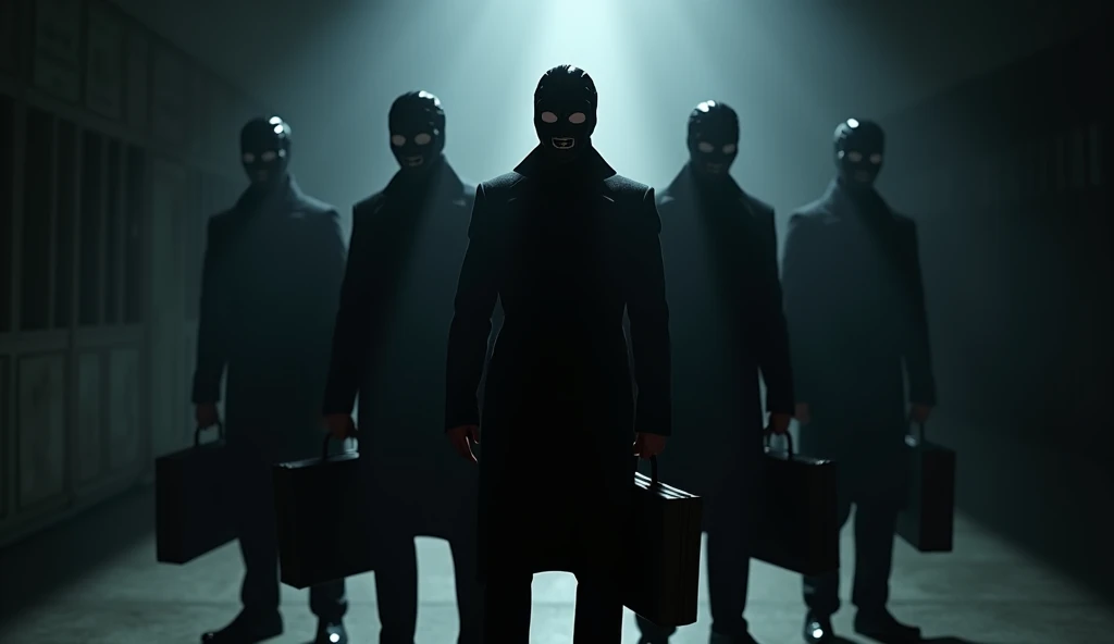 A photography of a group of bankers, using creepy black masks, in the shadows. dark atmosphere, chiaroscuro style, fullbody, masterpiece, backlight, centralized focus, heats and briefcases.