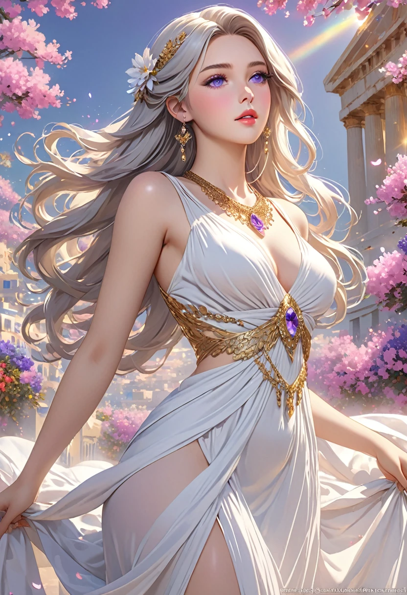 ((best quality)), ((artwork)), ((extremely detailed face)), ((perfect lighting)), ((extremely detailed CG)), ((perfect hands, perfect anatomy)), Sex/Gender= Female
Aliases= Dawnstar, Your Grace, Princess
Age= 20
Pronouns= Her/She
((Hair= Pure White, quite long, abundant))
((Eyes= Jewel Purple))
Features= Lean, curvy, ((ligh skin)), younger , exceedingly beautiful, delicate features, full lips,
Height= 5'5"
Clothing= Long sleeveless white dress greek style, wide gold necklace around her body to the waist.]