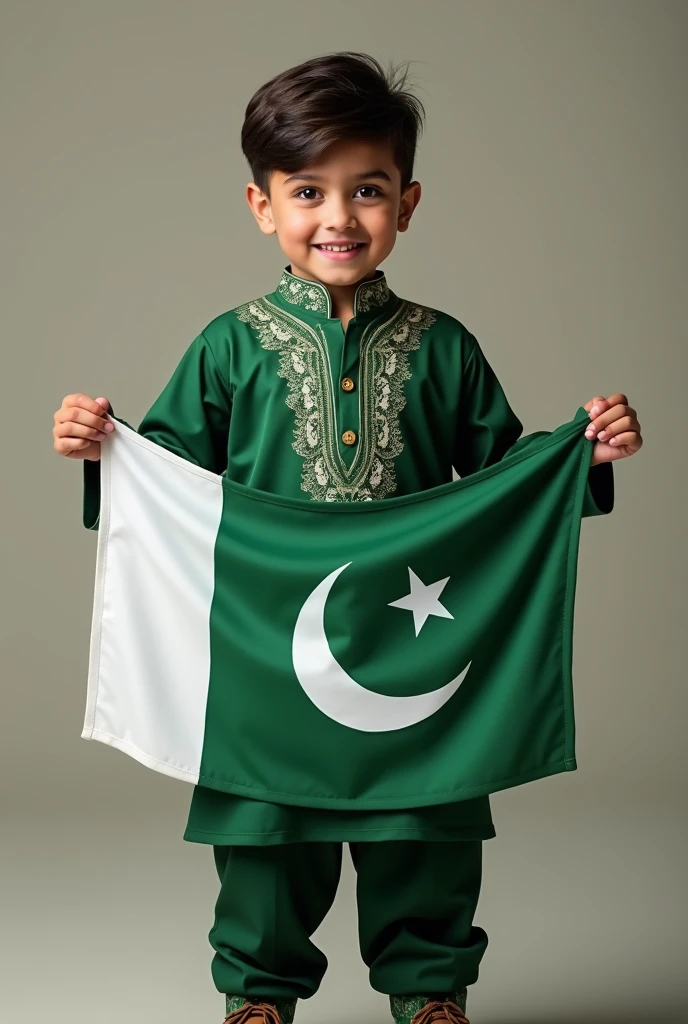 One boy who wearing green independent dress kamze shawar and on his Pakistani flag his hand his name is zaviyar