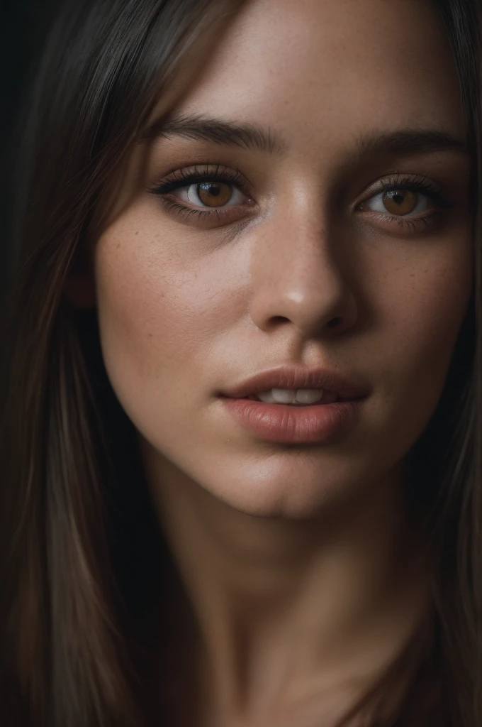 (close-up, editorial photograph of a 25 year old woman), (highly detailed face:1.4) (smile:0.7) (background inside dark, moody, private study:1.3) POV, by lee jeffries, nikon d850, film stock photograph ,4 kodak portra 400 ,camera f1.6 lens ,rich colors ,hyper realistic ,lifelike texture, dramatic lighting , cinestill 800,