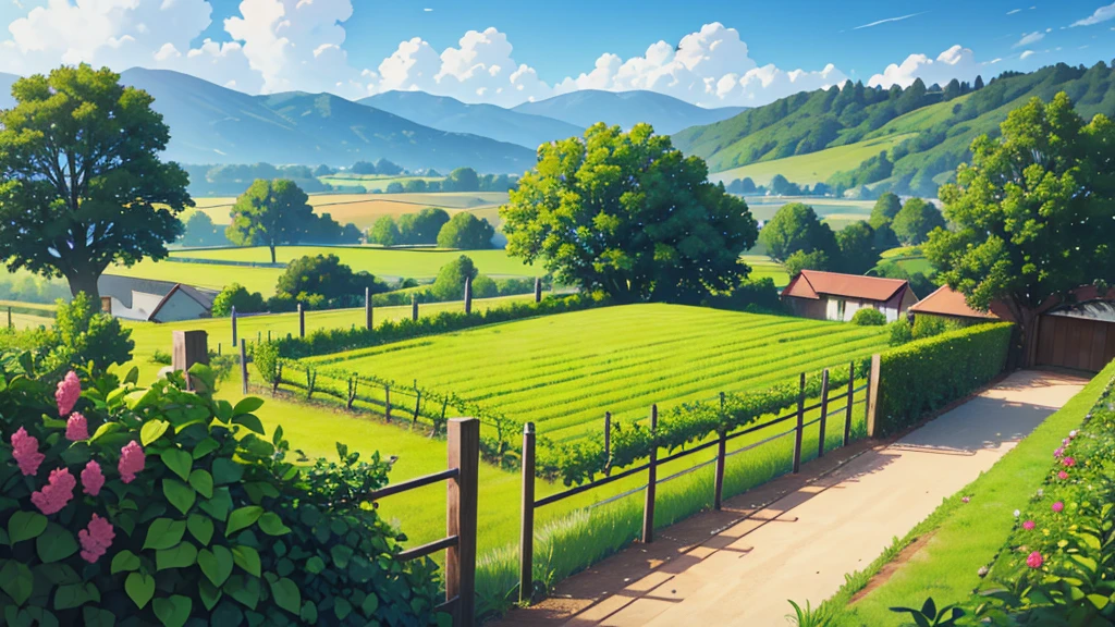 Create a landscape where you can see a vineyard in the middle and surrounded by plants