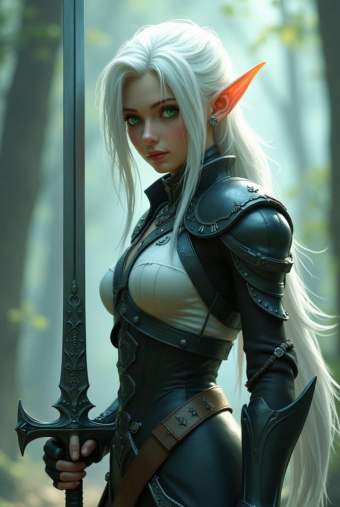 Final Fantasy game theme. Image of a 28 year old white haired elf standing holding her favorite sword.glowing green eyes, He wore light black and white armor.., pastel colours, and dramatic tones. A masterpiece with the highest resolution. , Surrealist image type