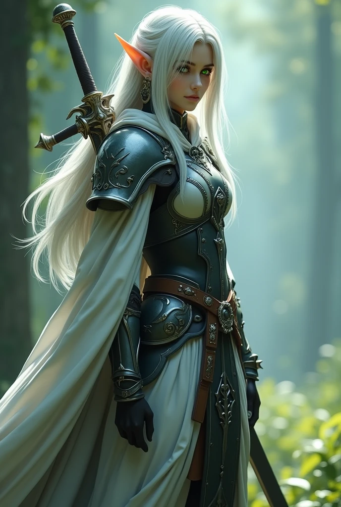 Final Fantasy game theme. Image of a 28 year old white haired elf standing holding her favorite sword.glowing green eyes, He wore light black and white armor.., pastel colours, and dramatic tones. A masterpiece with the highest resolution. , Surrealist image type