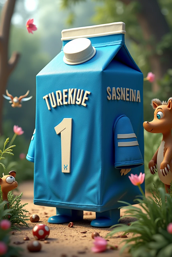 Blue milk carton has jersey from Türkiye with Arda Güler written on it and is in the zoo