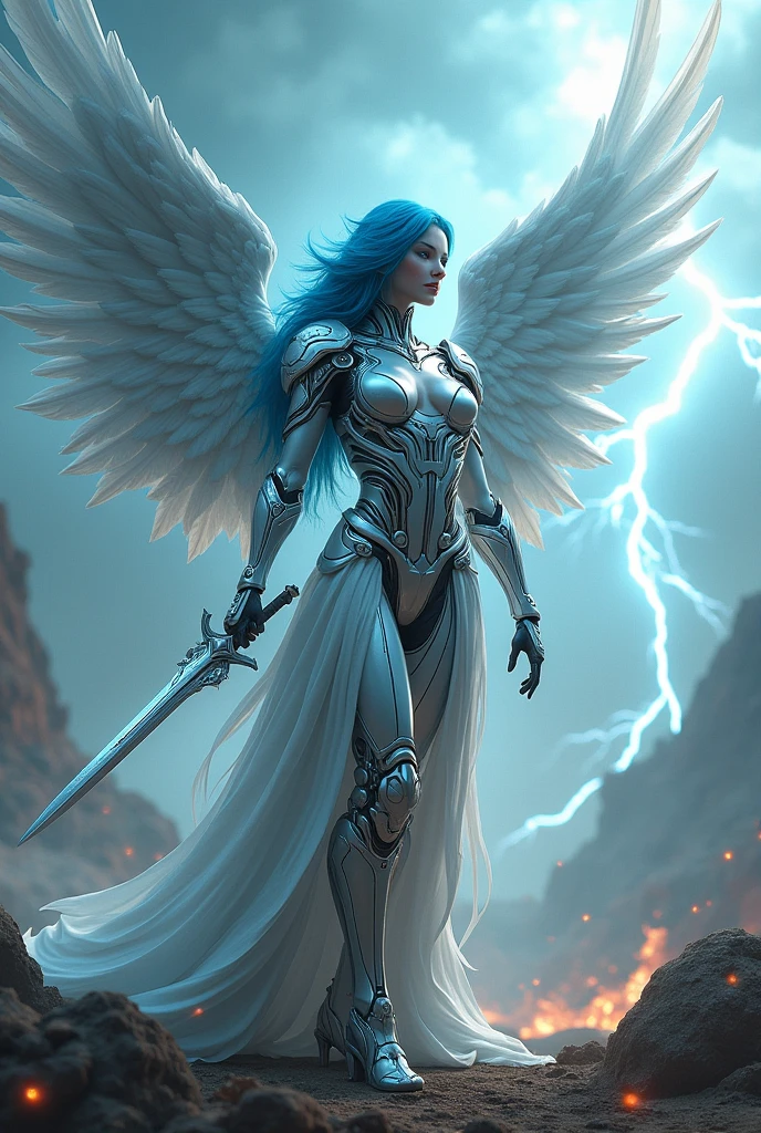 blue hear,thunder archangel Raphael,war effect,REAL - style image of a woman with a sword in a field, cyberpunk art inspired by Leng Mei, cgsociety contest winner, fantasy art, beautiful cyborg angel girl, angel knight girl, as a mystical valkyrie, battle angel, angel in plastic armor, mechanized valkyrie girl, unreal engine 4k wallpaper, wraith from apex legends, epic angel wings