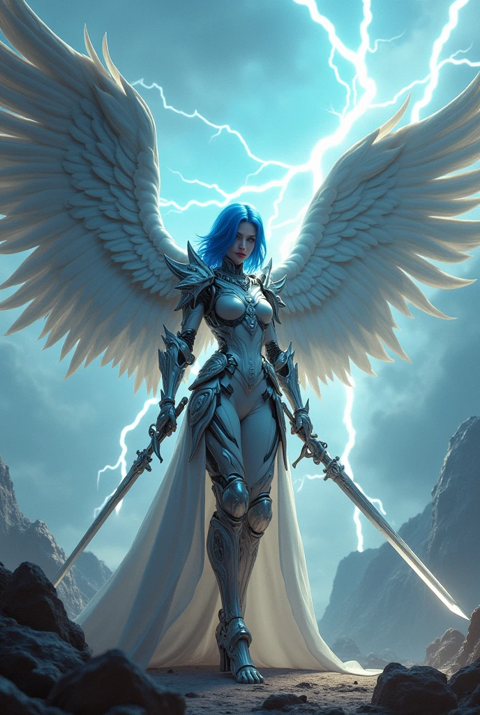 blue hear,thunder archangel Raphael,war effect,REAL - style image of a woman with a sword in a field, cyberpunk art inspired by Leng Mei, cgsociety contest winner, fantasy art, beautiful cyborg angel girl, angel knight girl, as a mystical valkyrie, battle angel, angel in plastic armor, mechanized valkyrie girl, unreal engine 4k wallpaper, wraith from apex legends, epic angel wings