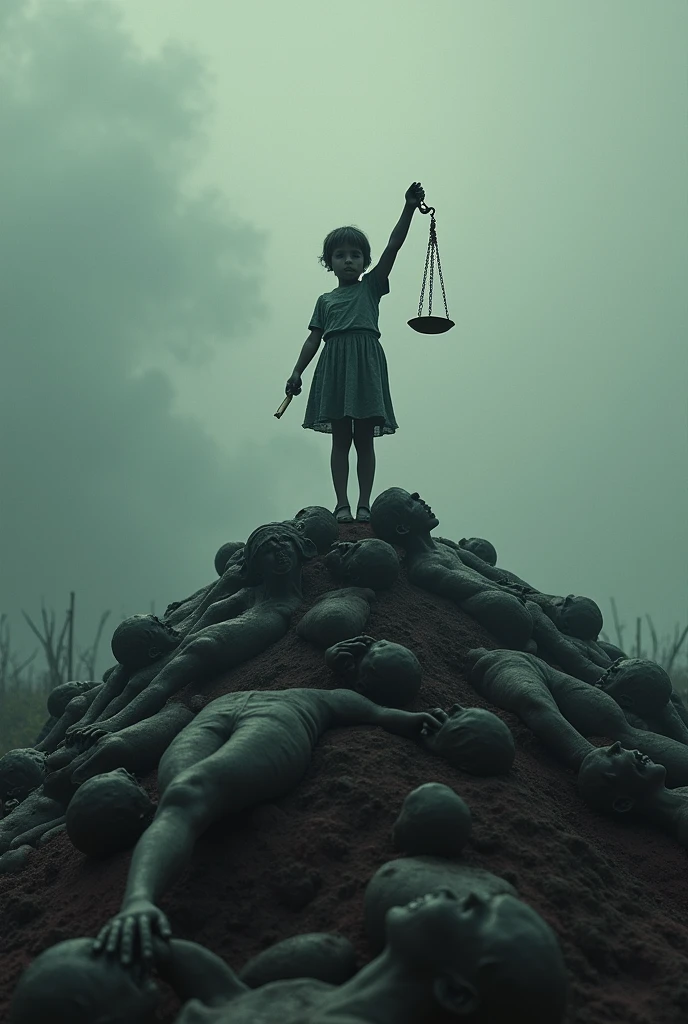 a small child holding Justice statue on the top of a lot of dead bodies